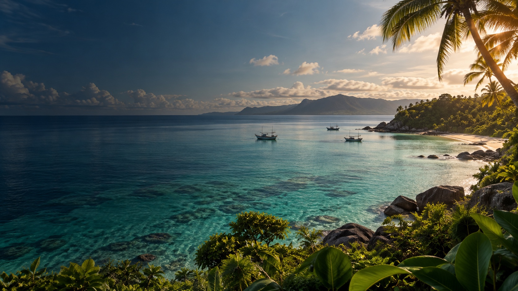 A sunlit tropical coastline and fishing boats in Madagascar