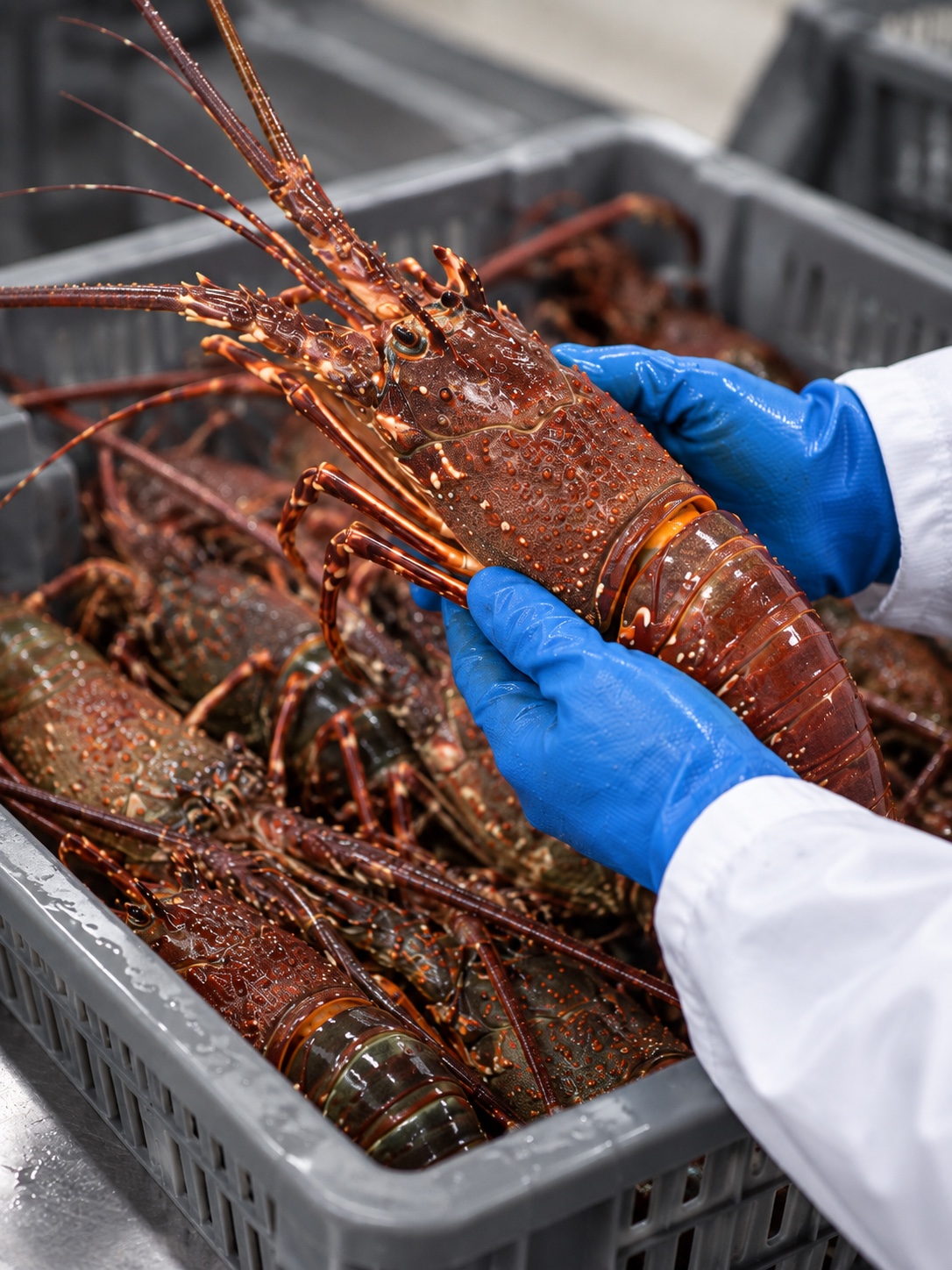 A Madagascar spiny lobster being carefully selected by gloved hands