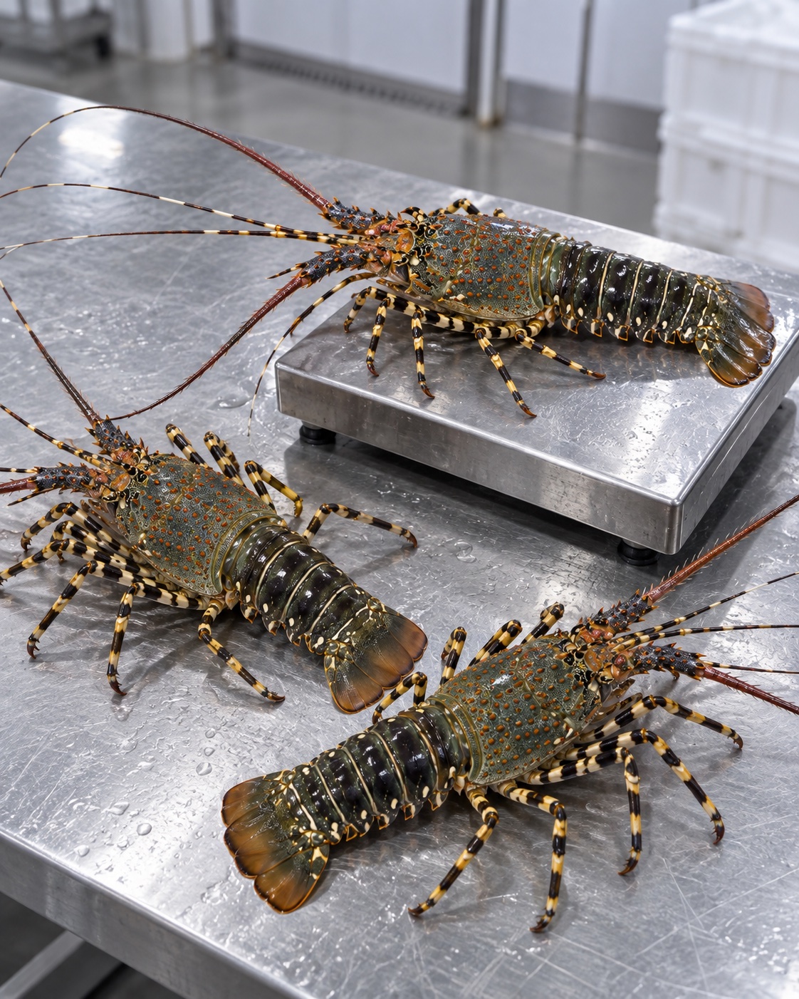 Madagascar spiny lobsters selected on a stainless-steel preparation surface