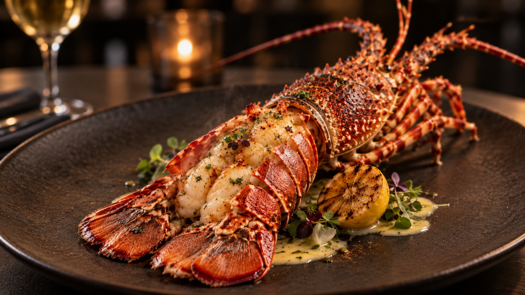 Grilled Madagascar spiny lobster presented in an elegant dining setting