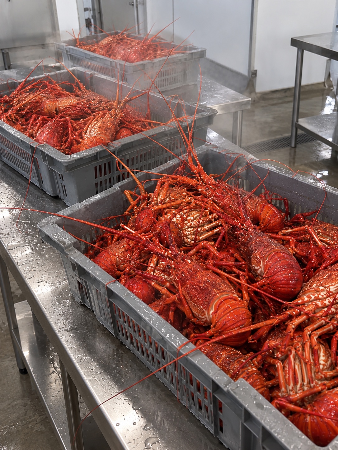 Steamed Madagascar spiny lobsters prepared in a hygienic processing facility