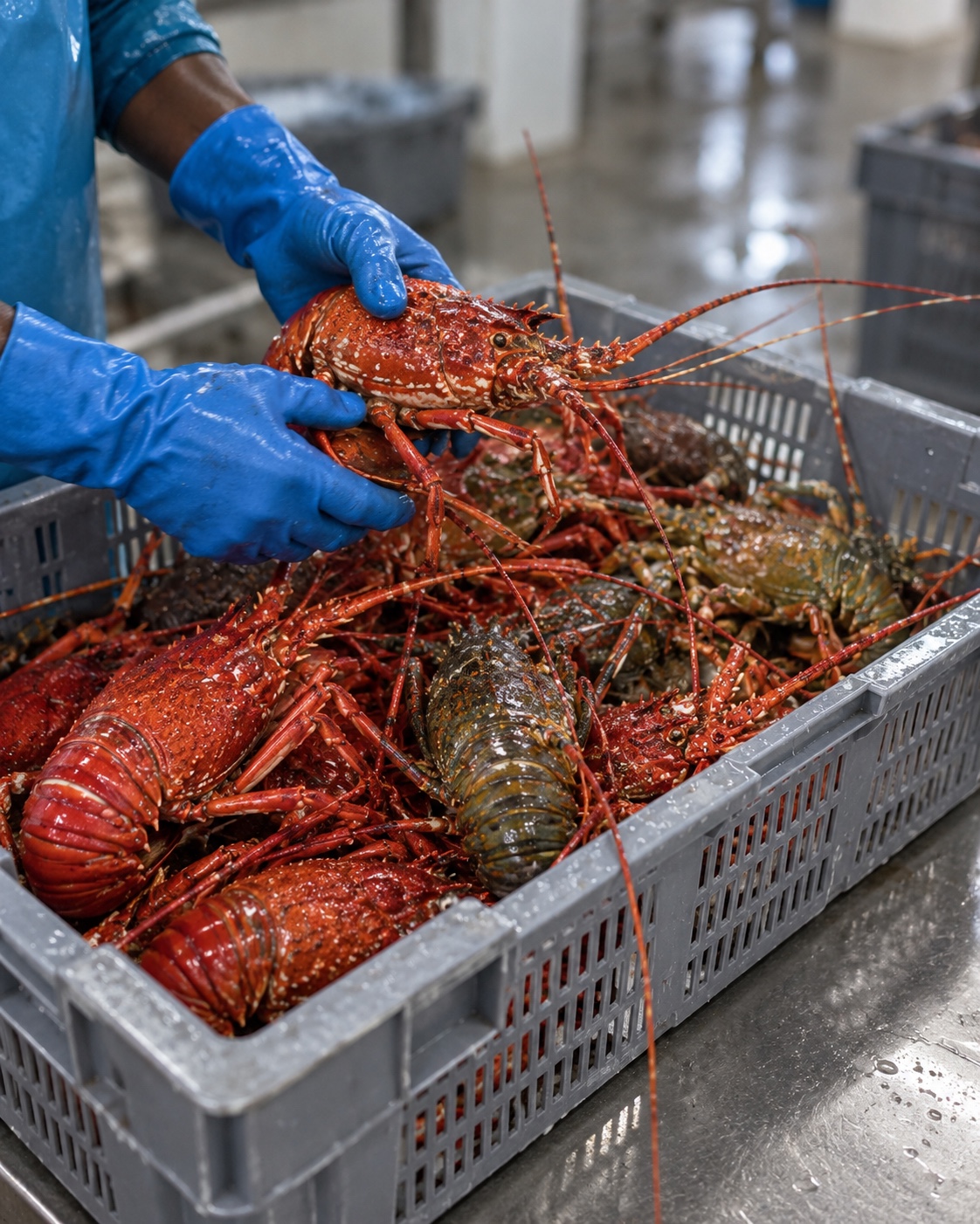 Gloved hands carefully selecting Madagascar spiny lobster