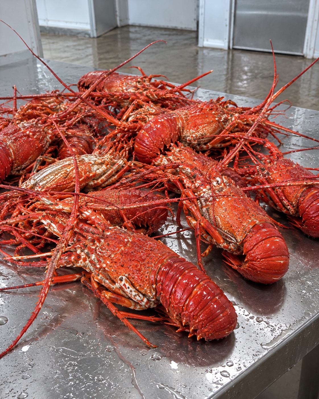Prepared Madagascar spiny lobster arranged on a stainless-steel surface