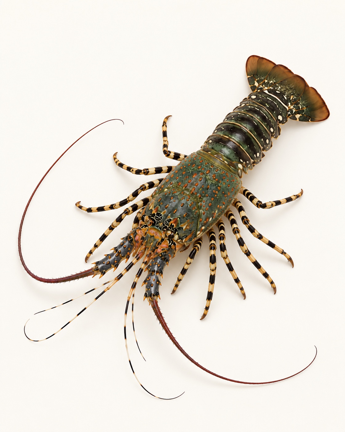 Whole Madagascar spiny lobster displayed from tail to antennae on a warm white background